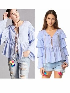 English Factory Blue Pom Pom Tie Boho Blouse Tiered Sleeve Size S